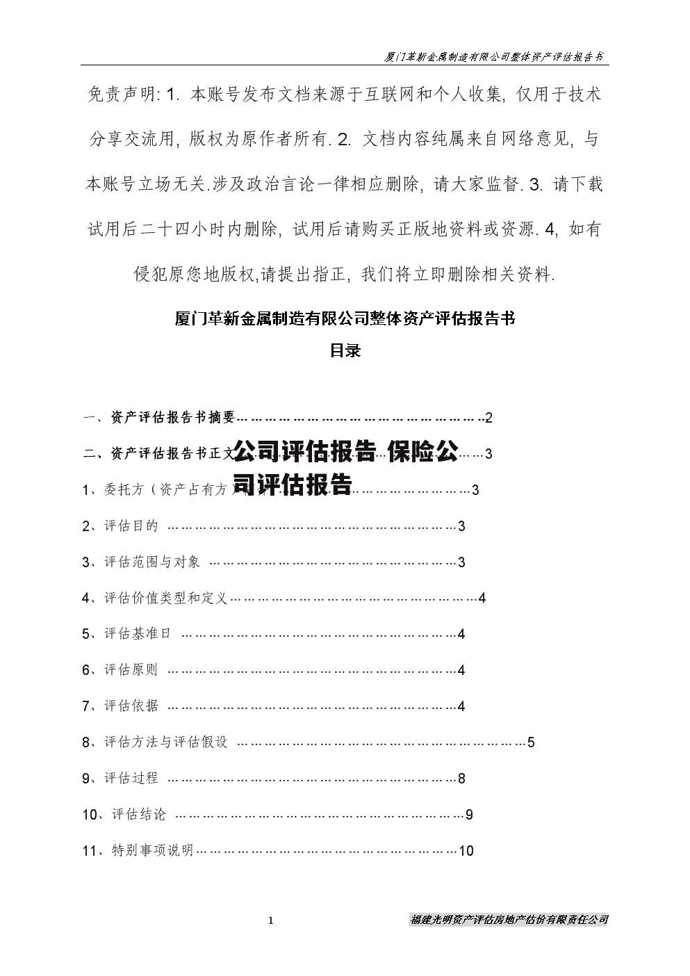 公司评估报告 保险公司评估报告