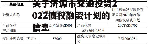 关于济源市交通投资2022债权融资计划的信息