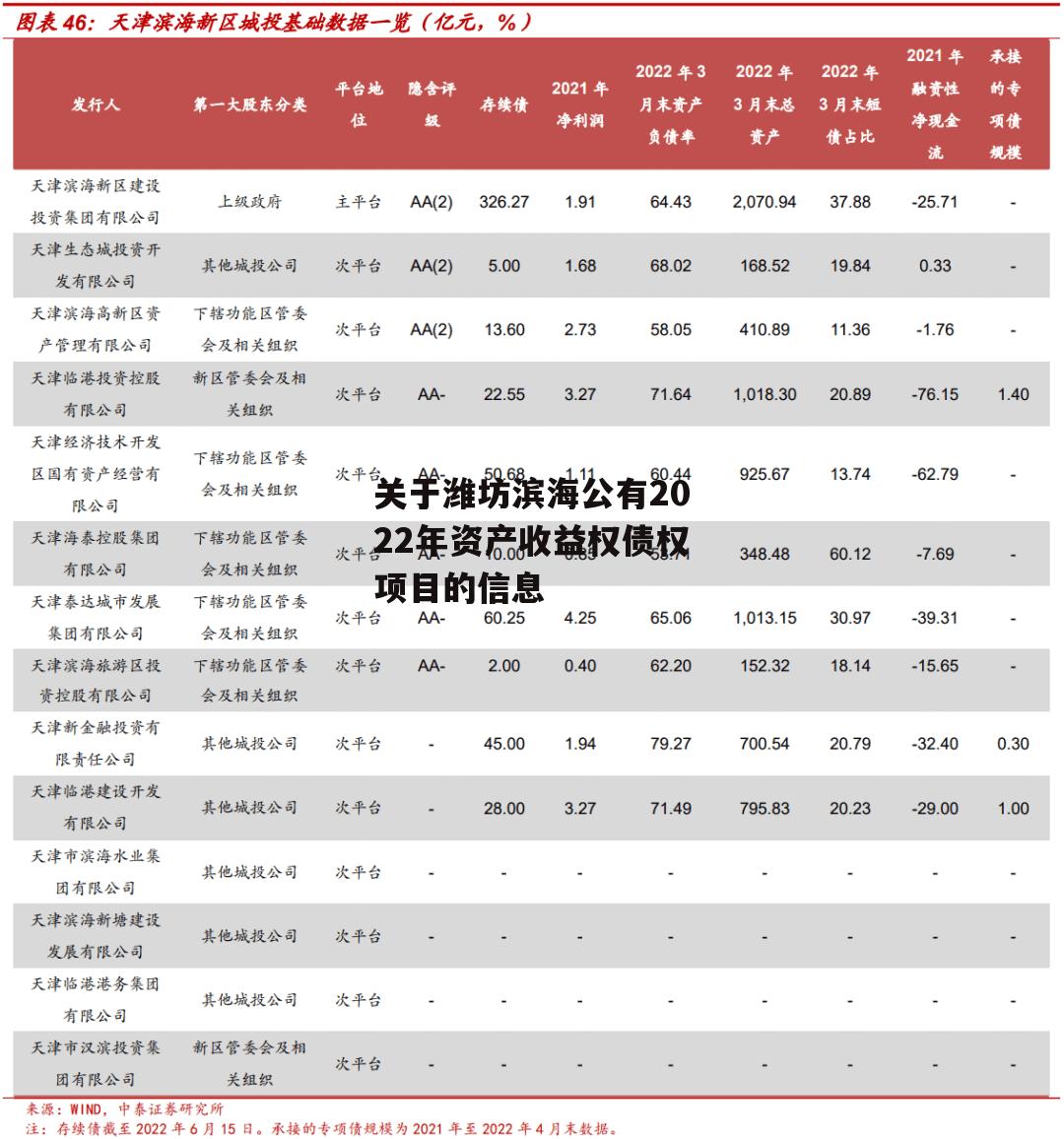 关于潍坊滨海公有2022年资产收益权债权项目的信息