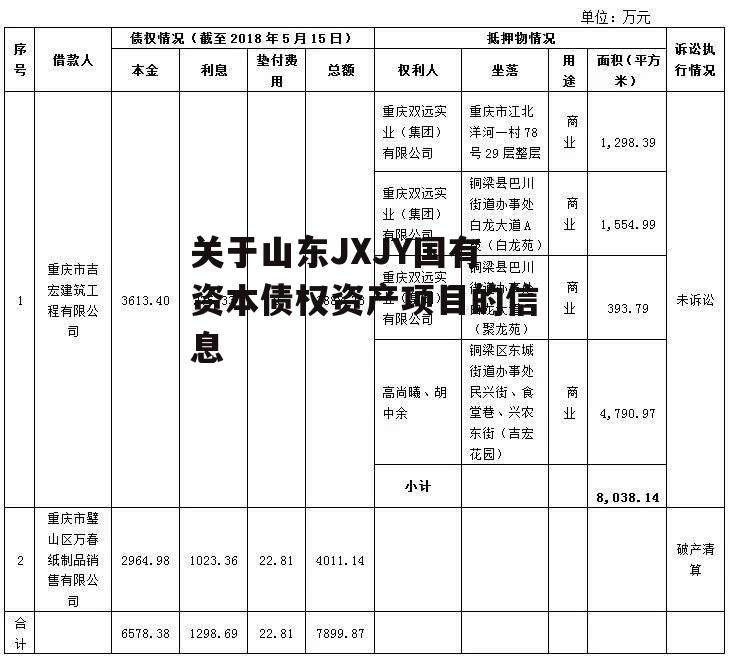 关于山东JXJY国有资本债权资产项目的信息