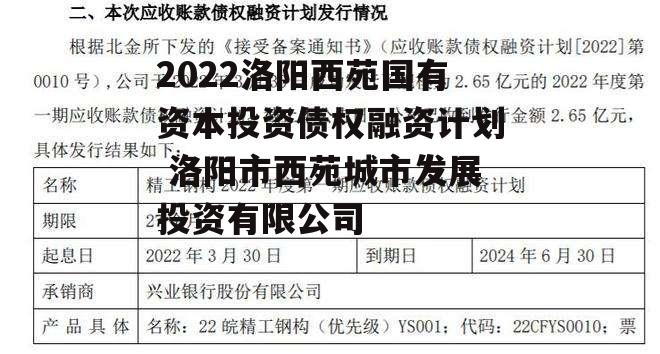 2022洛阳西苑国有资本投资债权融资计划 洛阳市西苑城市发展投资有限公司