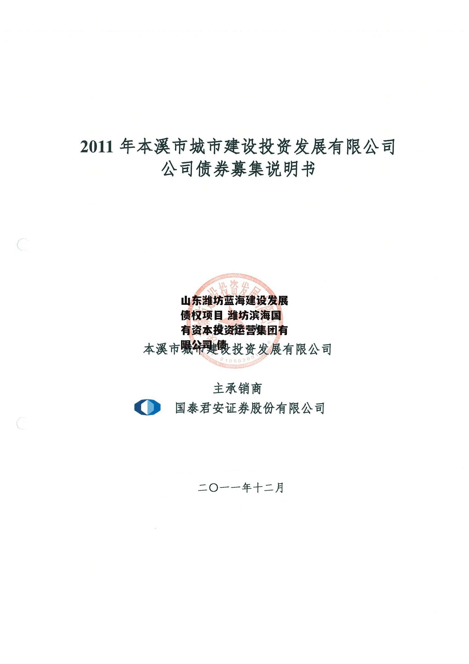 山东潍坊蓝海建设发展债权项目 潍坊滨海国有资本投资运营集团有限公司 债