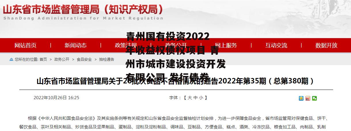 青州国有投资2022年收益权债权项目 青州市城市建设投资开发有限公司 发行债券