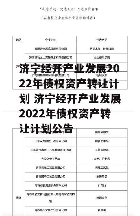 济宁经开产业发展2022年债权资产转让计划 济宁经开产业发展2022年债权资产转让计划公告