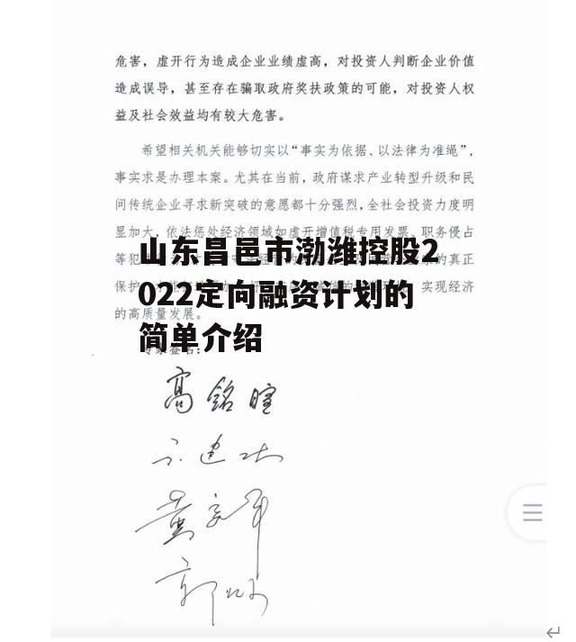 山东昌邑市渤潍控股2022定向融资计划的简单介绍