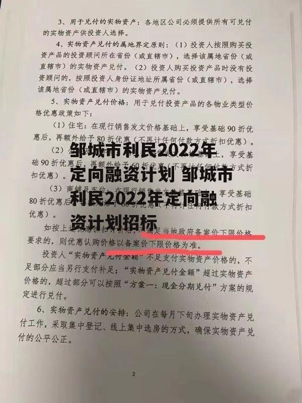 邹城市利民2022年定向融资计划 邹城市利民2022年定向融资计划招标