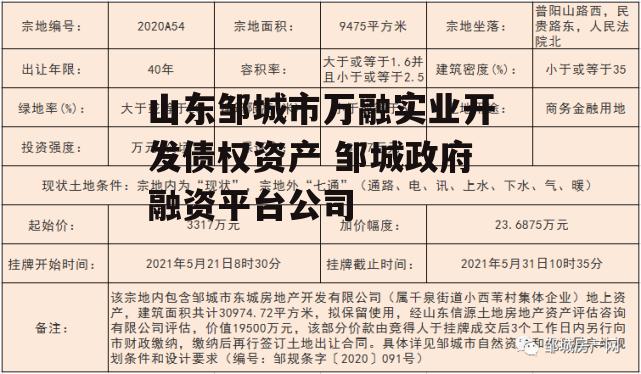 山东邹城市万融实业开发债权资产 邹城政府融资平台公司