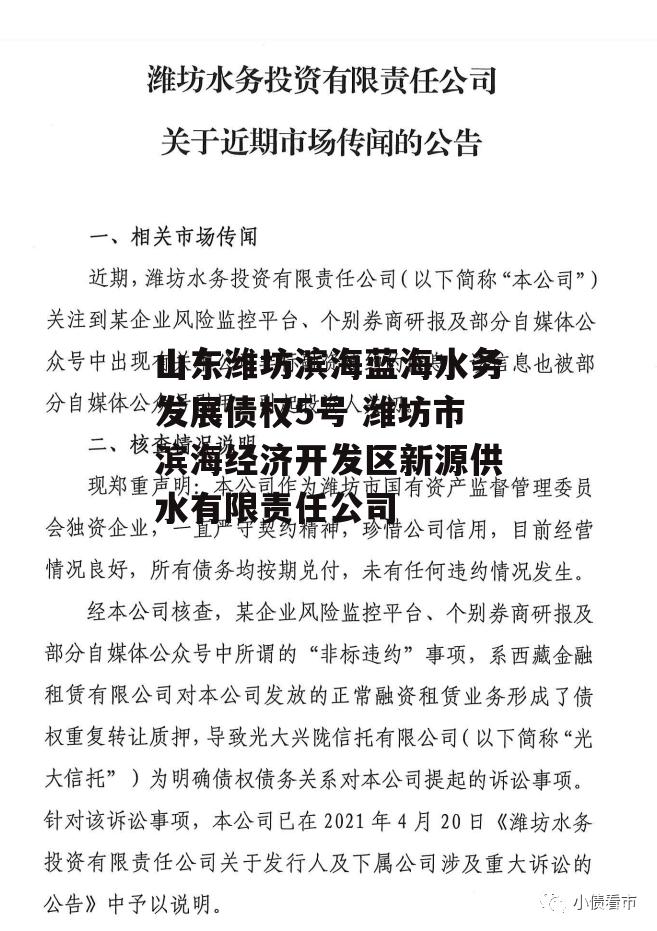 山东潍坊滨海蓝海水务发展债权5号 潍坊市滨海经济开发区新源供水有限责任公司