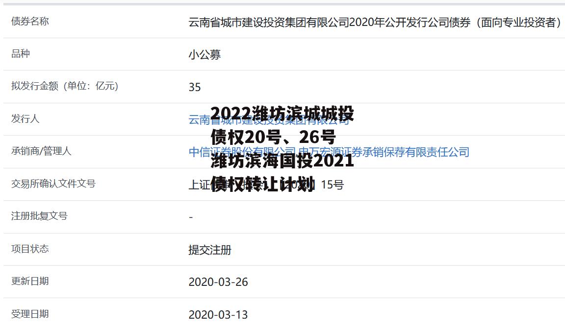 2022潍坊滨城城投债权20号、26号 潍坊滨海国投2021债权转让计划