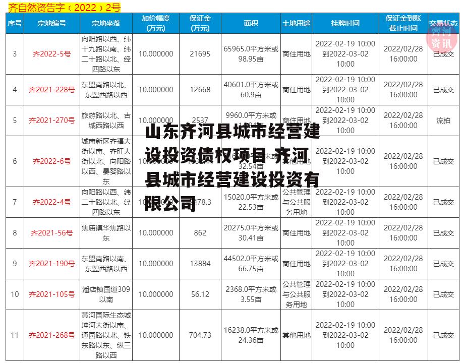 山东齐河县城市经营建设投资债权项目 齐河县城市经营建设投资有限公司