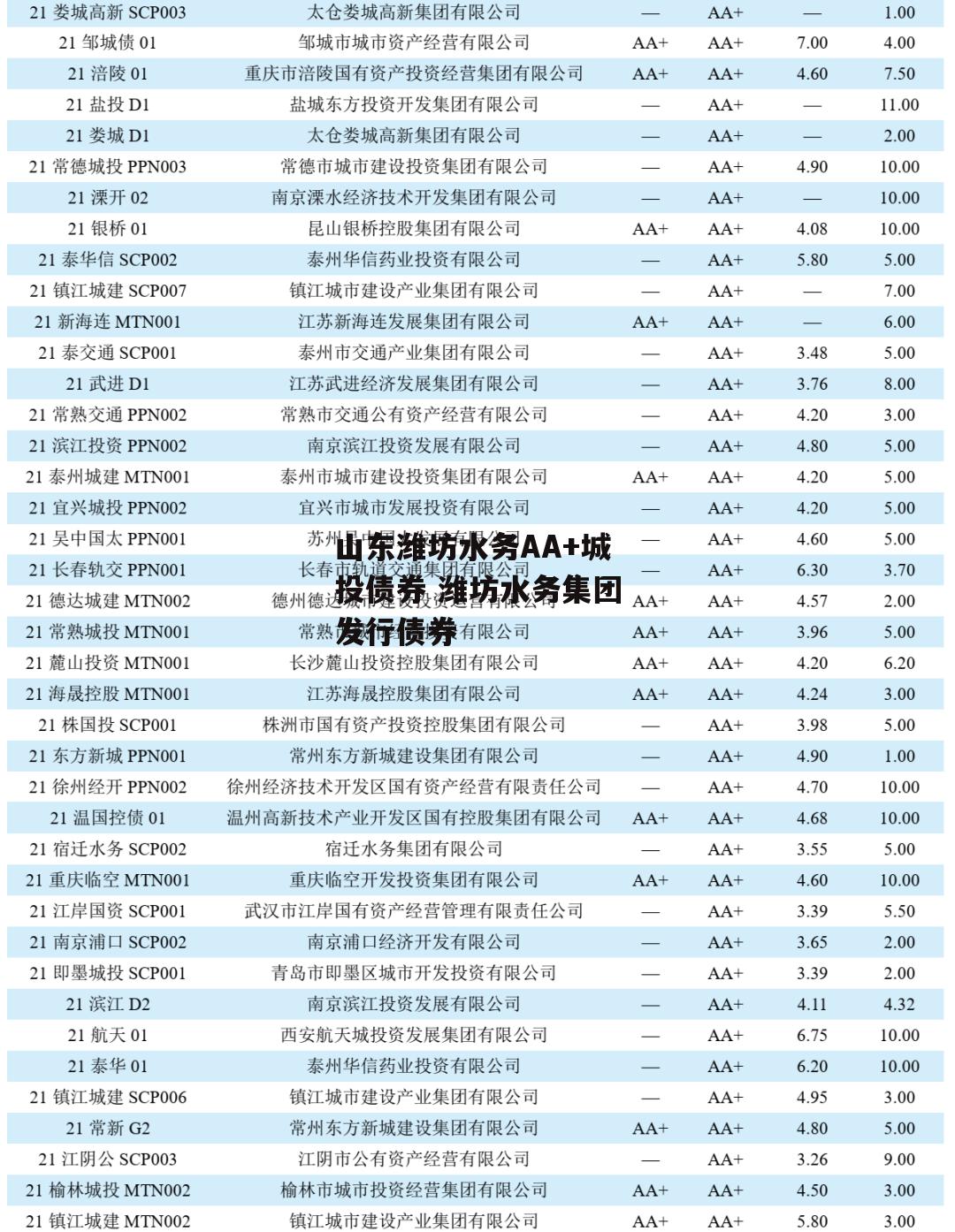 山东潍坊水务AA+城投债券 潍坊水务集团发行债券