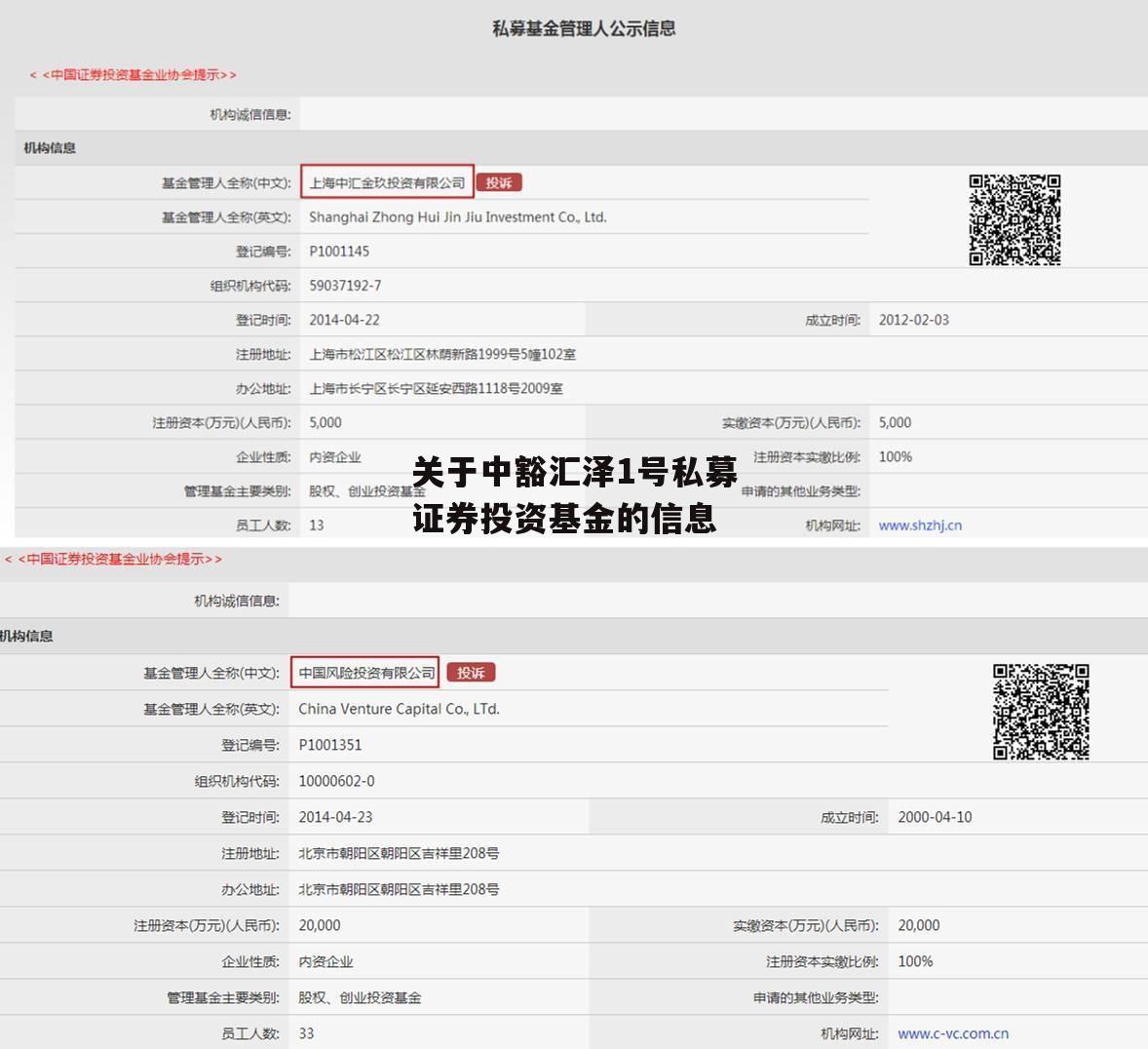 关于中豁汇泽1号私募证券投资基金的信息